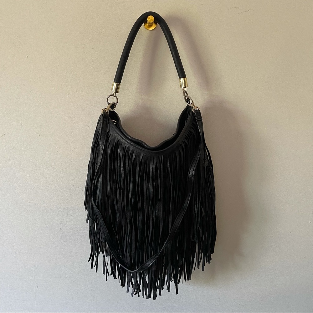 Black Faux-Leather Fringe Purse